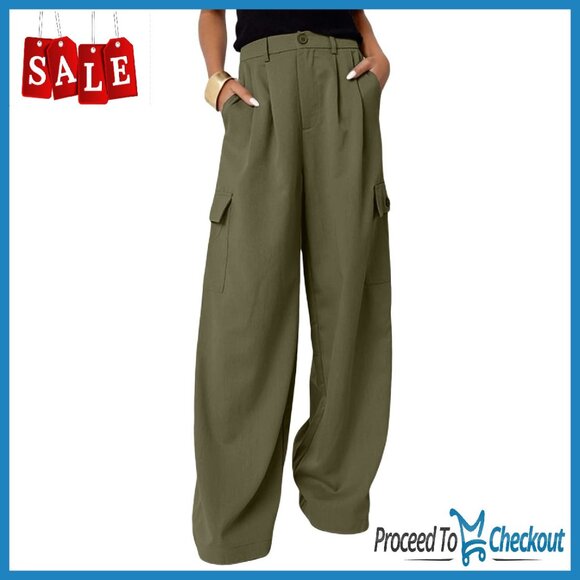 High Waisted Wide Leg Cargo Pants with 4 Pockets Casual Work